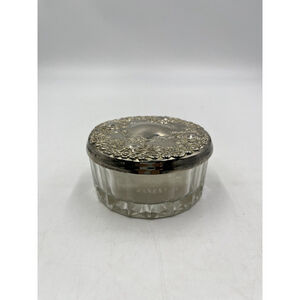 Vtg Mirrored Ornate Victorian Silver Plate & Glass Powder Jar W/ Puff & Screen